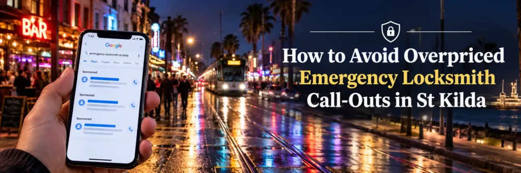 Person searching for an emergency locksmith on a smartphone in St Kilda at night to compare call-out prices.